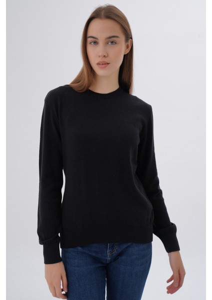 Kadın Siyah %100 Pamuk Bisiklet Yaka Triko Kazak Bluz TRIST-6101