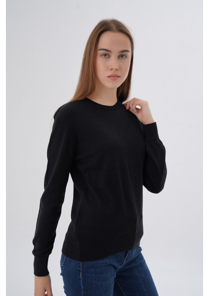 Kadın Siyah %100 Pamuk Bisiklet Yaka Triko Kazak Bluz TRIST-6101
