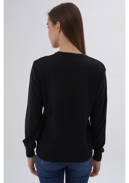 Kadın Siyah %100 Pamuk Bisiklet Yaka Triko Kazak Bluz TRIST-6101