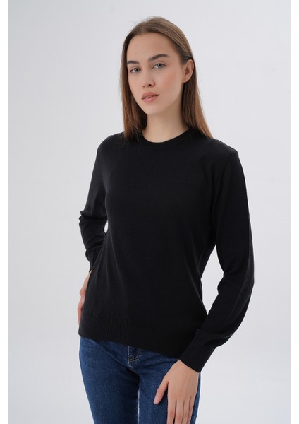 Kadın Siyah %100 Pamuk Bisiklet Yaka Triko Kazak Bluz TRIST-6101