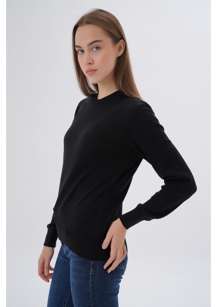 Kadın Siyah %100 Pamuk Bisiklet Yaka Triko Kazak Bluz TRIST-6101