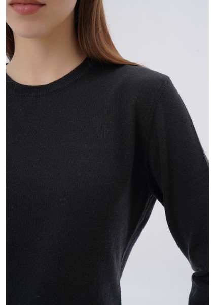 Kadın Siyah %100 Pamuk Bisiklet Yaka Triko Kazak Bluz TRIST-6101