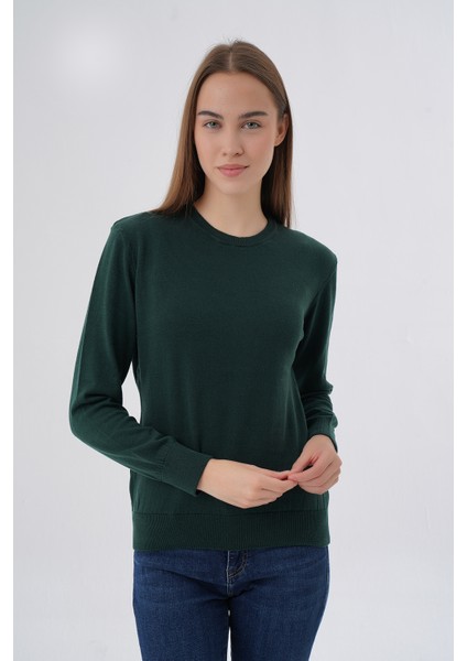 Kadın Zümrüt %100 Organik Pamuk Bisiklet Yaka Triko Kazak TRIST-6101