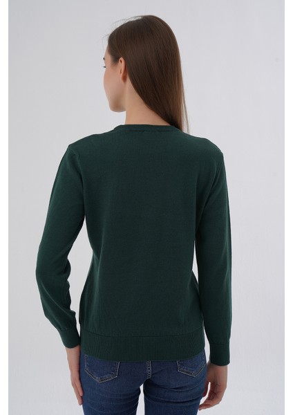 Kadın Zümrüt %100 Organik Pamuk Bisiklet Yaka Triko Kazak TRIST-6101