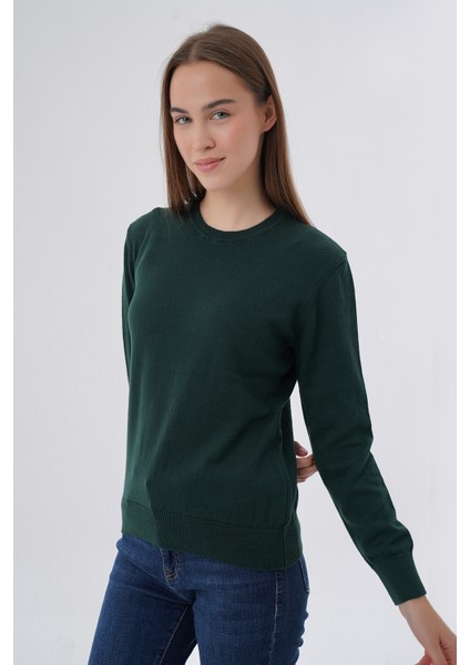 Kadın Zümrüt %100 Organik Pamuk Bisiklet Yaka Triko Kazak TRIST-6101