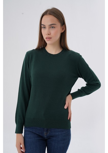 Kadın Zümrüt %100 Organik Pamuk Bisiklet Yaka Triko Kazak TRIST-6101