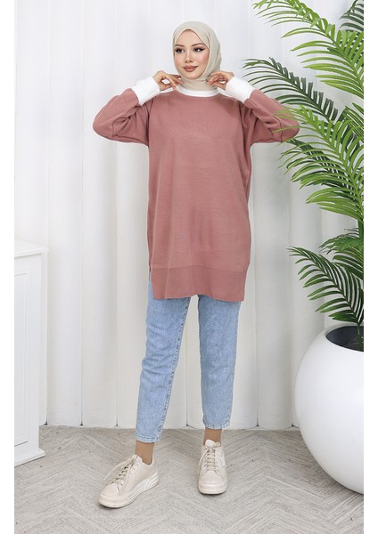 Triko Kolu Düğme Detaylı Garnili Tunik 3000-02 Gül Kurusu