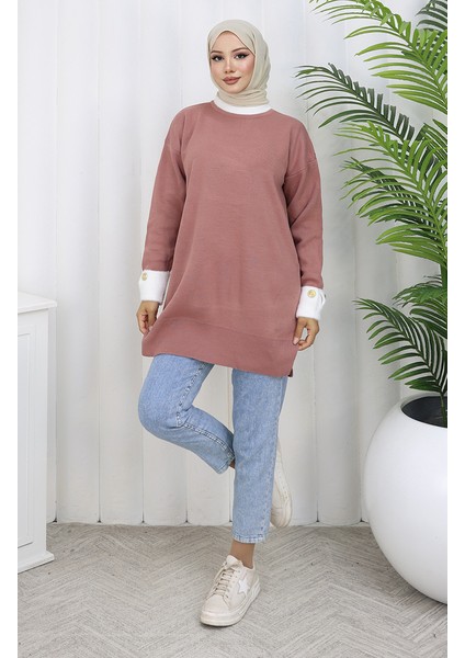 Triko Kolu Düğme Detaylı Garnili Tunik 3000-02 Gül Kurusu fiyatları