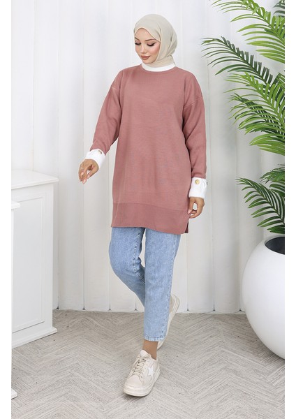 Triko Kolu Düğme Detaylı Garnili Tunik 3000-02 Gül Kurusu modelleri