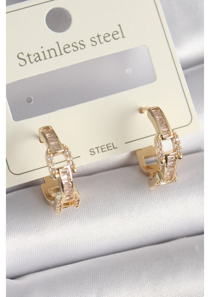 Pirinç Gold Renk Zirkon Taşlı Zincir Model Kadın Küpe