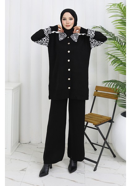 Triko Düğmeli Garnili Tunik Pantolon Ikili Takım 1020-08 Siyah Beyaz