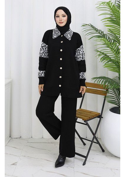 Triko Düğmeli Garnili Tunik Pantolon Ikili Takım 1020-08 Siyah Beyaz fiyatları