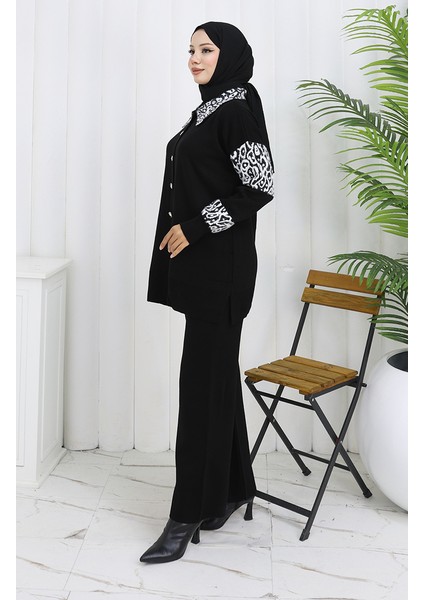 Triko Düğmeli Garnili Tunik Pantolon Ikili Takım 1020-08 Siyah Beyaz modelleri