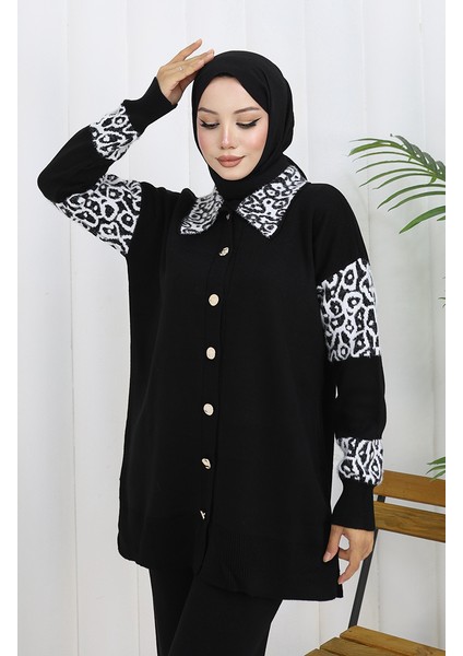 Triko Düğmeli Garnili Tunik Pantolon Ikili Takım 1020-08 Siyah Beyaz fırsatları