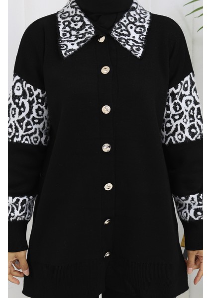 Triko Düğmeli Garnili Tunik Pantolon Ikili Takım 1020-08 Siyah Beyaz indirimleri