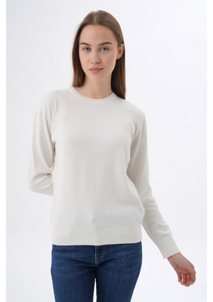 Kadın Ekru %100 Organik Pamuk Bisiklet Yaka Triko Kazak TRIST-6101