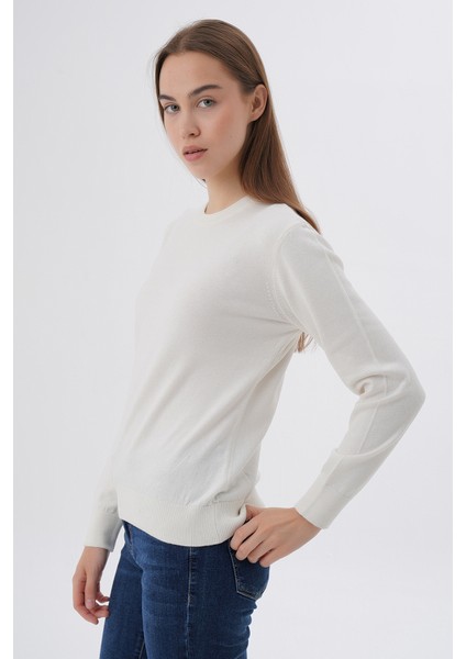 Kadın Ekru %100 Organik Pamuk Bisiklet Yaka Triko Kazak TRIST-6101