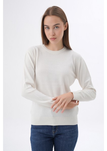 Kadın Ekru %100 Organik Pamuk Bisiklet Yaka Triko Kazak TRIST-6101