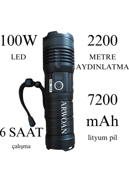 100W LED Şarjlı El Feneri 2200 Metre Menzil 7200 Mah Lityum Pil fiyatları