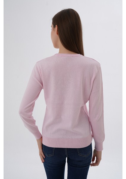 Kadın Pudra %100 Pamuk Bisiklet Yaka Triko Kazak Bluz TRIST-6101