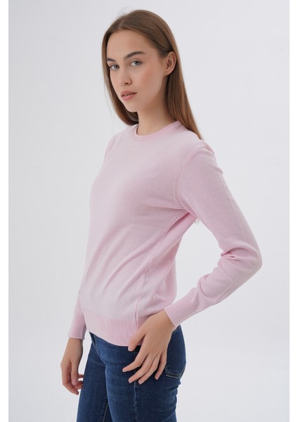 Kadın Pudra %100 Pamuk Bisiklet Yaka Triko Kazak Bluz TRIST-6101