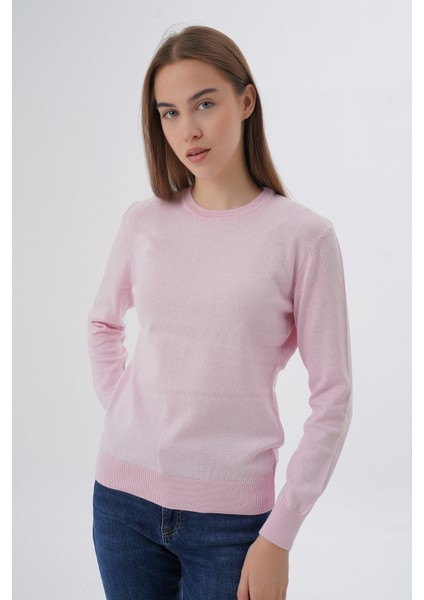 Kadın Pudra %100 Pamuk Bisiklet Yaka Triko Kazak Bluz TRIST-6101