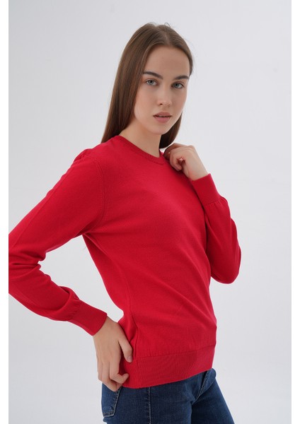 Kadın Kırmızı %100 Organik Pamuk Bisiklet Yaka Triko Kazak Bluz TRIST-6101