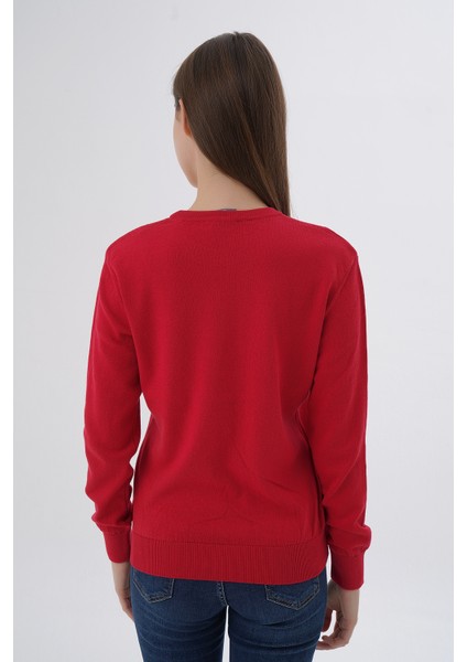 Kadın Kırmızı %100 Organik Pamuk Bisiklet Yaka Triko Kazak Bluz TRIST-6101