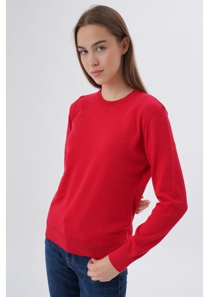 Kadın Kırmızı %100 Organik Pamuk Bisiklet Yaka Triko Kazak Bluz TRIST-6101