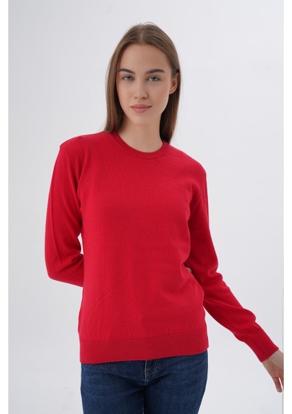 Kadın Kırmızı %100 Organik Pamuk Bisiklet Yaka Triko Kazak Bluz TRIST-6101