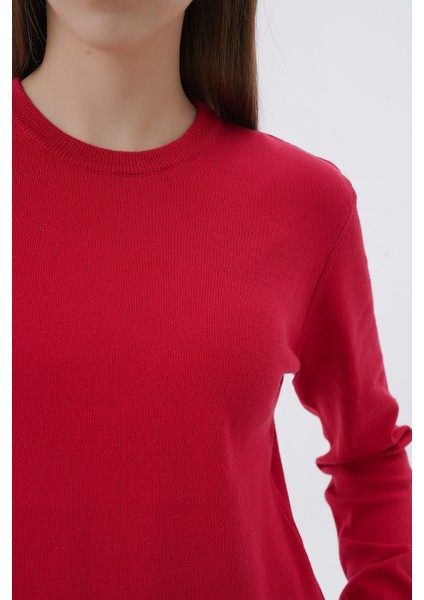 Kadın Kırmızı %100 Organik Pamuk Bisiklet Yaka Triko Kazak Bluz TRIST-6101