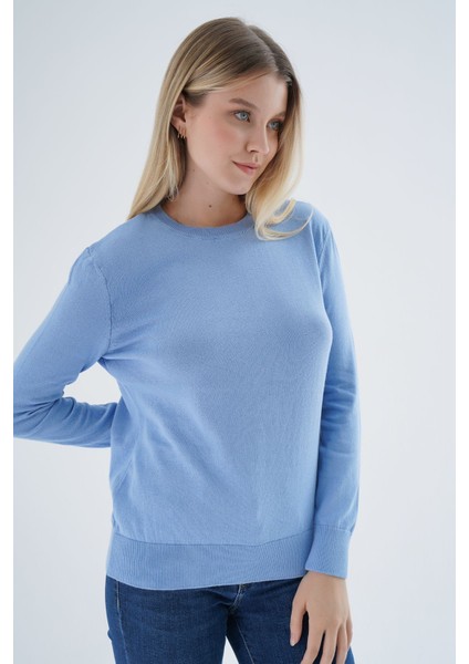 Kadın Mavi %100 Organik Pamuk Bisiklet Yaka Triko Kazak TRIST-6101 indirimleri