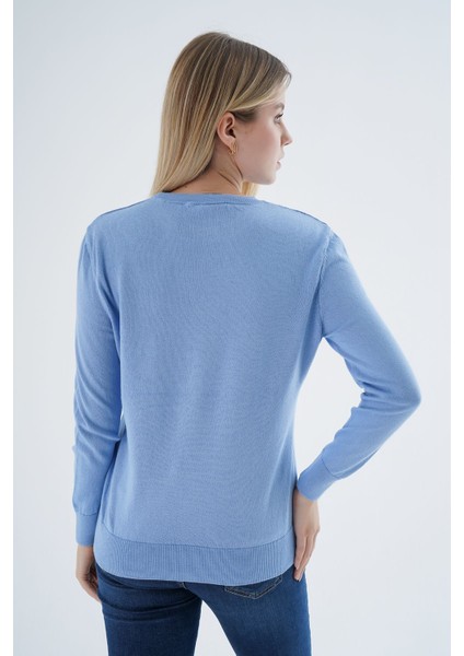 Kadın Mavi %100 Organik Pamuk Bisiklet Yaka Triko Kazak TRIST-6101