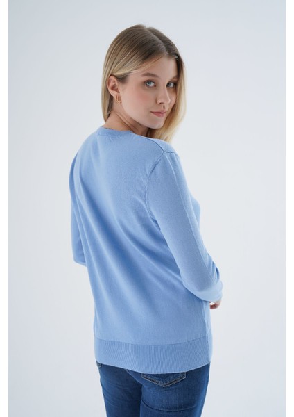 Kadın Mavi %100 Organik Pamuk Bisiklet Yaka Triko Kazak TRIST-6101