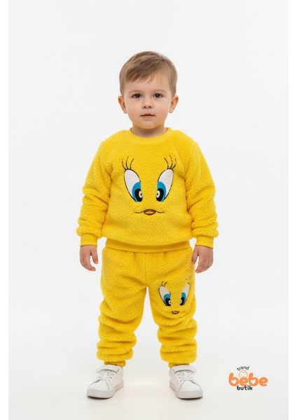 Tweety Desenli Sarı Welsoft Erkek Çocuk Eşofman Takımı – Yumuşak Peluş Kumaş, Rahat Takım