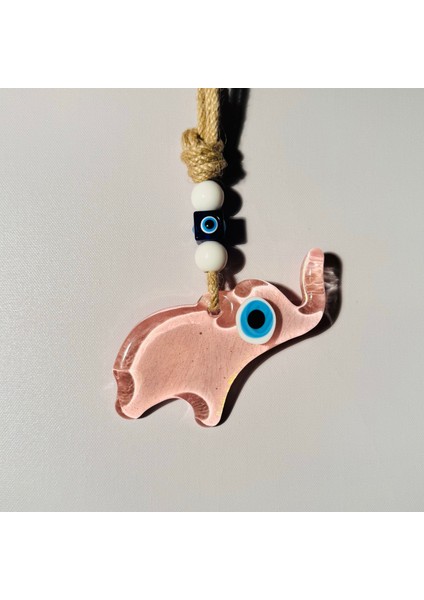 El Yapımı Hediyelik Dekoratif Nazar Boncuklu, Fil Figürlü Simli ve İpli 12 cm Cam Duvar Süsü