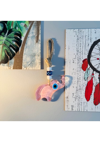 El Yapımı Hediyelik Dekoratif Nazar Boncuklu, Fil Figürlü Simli ve İpli 12 cm Cam Duvar Süsü