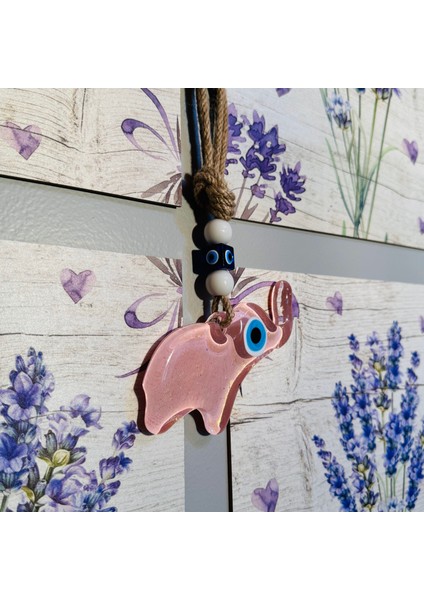 El Yapımı Hediyelik Dekoratif Nazar Boncuklu, Fil Figürlü Simli ve İpli 12 cm Cam Duvar Süsü