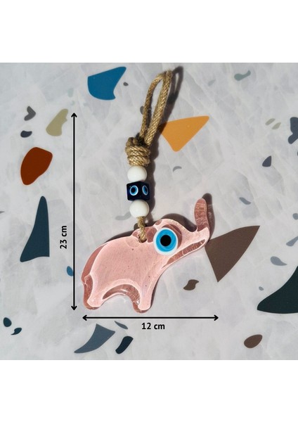 El Yapımı Hediyelik Dekoratif Nazar Boncuklu, Fil Figürlü Simli ve İpli 12 cm Cam Duvar Süsü