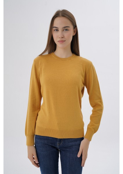 Kadın Hardal %100 Organik Pamuk Bisiklet Yaka Triko Kazak Bluz TRIST-6101