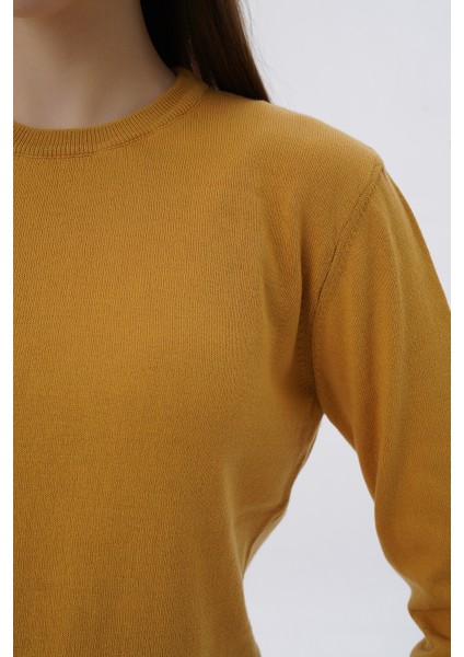 Kadın Hardal %100 Organik Pamuk Bisiklet Yaka Triko Kazak Bluz TRIST-6101