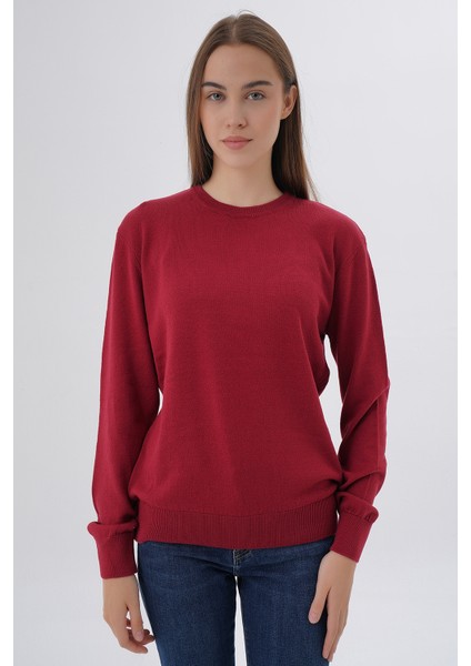 Kadın BORDO %100 Organik Pamuk Bisiklet Yaka Triko Kazak Bluz TRIST-6101