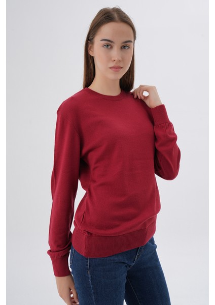 Kadın BORDO %100 Organik Pamuk Bisiklet Yaka Triko Kazak Bluz TRIST-6101