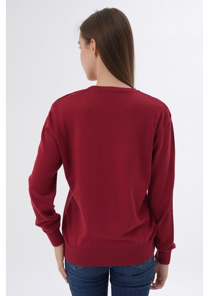 Kadın BORDO %100 Organik Pamuk Bisiklet Yaka Triko Kazak Bluz TRIST-6101