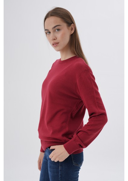 Kadın BORDO %100 Organik Pamuk Bisiklet Yaka Triko Kazak Bluz TRIST-6101