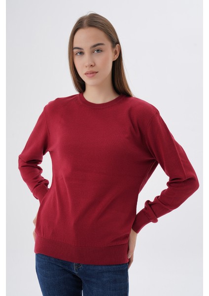 Kadın BORDO %100 Organik Pamuk Bisiklet Yaka Triko Kazak Bluz TRIST-6101