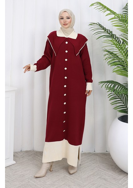 Triko Boydan Düğme Yaka Detaylı Elbise 0513-04 Bordo