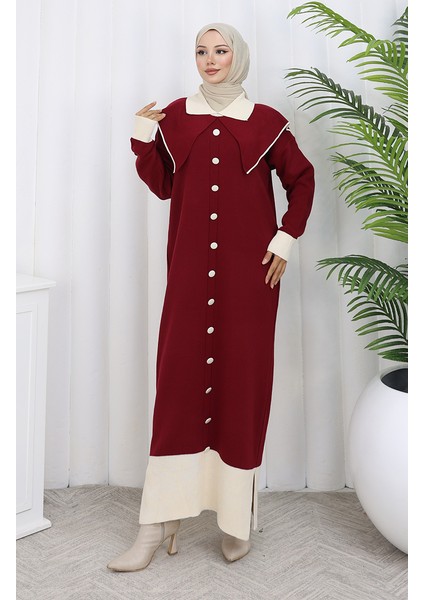 Triko Boydan Düğme Yaka Detaylı Elbise 0513-04 Bordo fiyatları