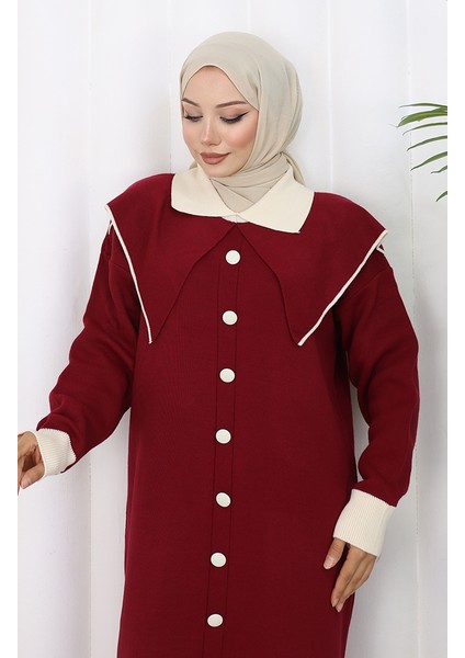Triko Boydan Düğme Yaka Detaylı Elbise 0513-04 Bordo fırsatları