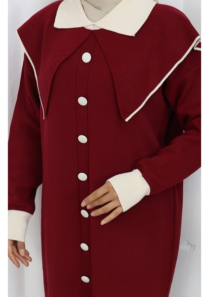 Triko Boydan Düğme Yaka Detaylı Elbise 0513-04 Bordo indirimleri